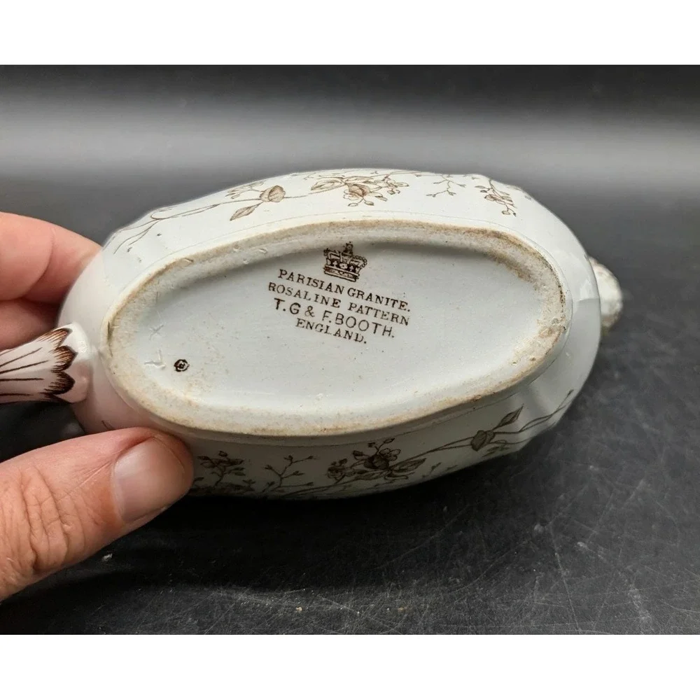 TG & FB Booth Rosaline Brown Transferware Gravy Boat Parisian Granite England